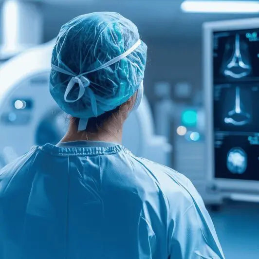 Professionnel de sante devant des ecrans d'imagerie medicale